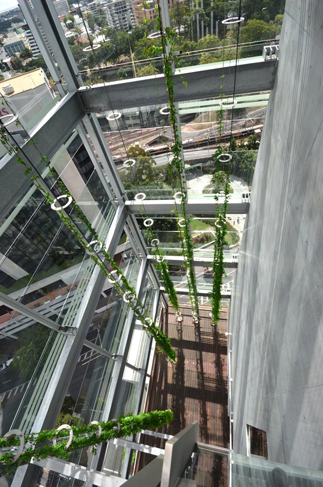 Making full use of natural light, the public spaces, courtrooms, and private offices open up to these double façade courtyards where the inclusion of garden and Ronstan Vertical Garden Green Sculptures responds to the character of the sub-tropical environment in Brisbane, and promotes healthy workplaces.