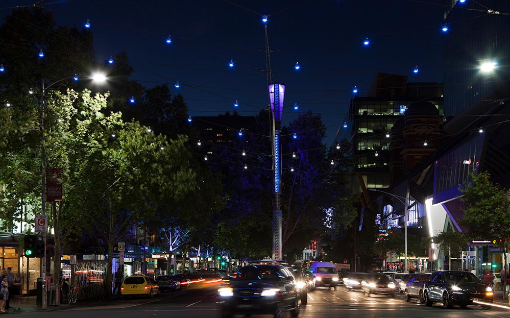 “Lonsdale Gateway”, the Ronstan catenary lighting structure at the intersection of Lonsdale and Russell Streets in Melbourne, celebrates entry into the city’s Greek precinct