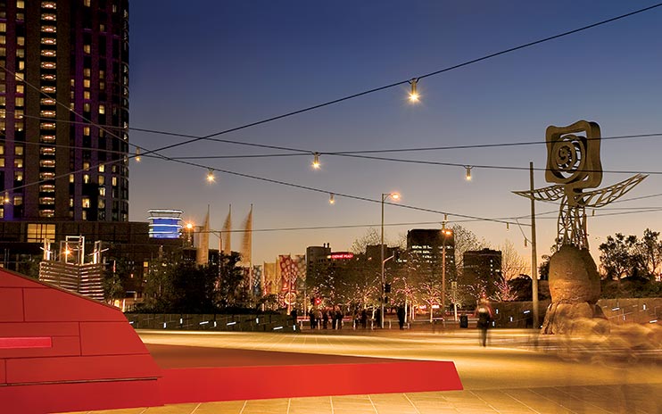 Queensbridge Square catenary lighting installation by Ronstan Tensile Architecture